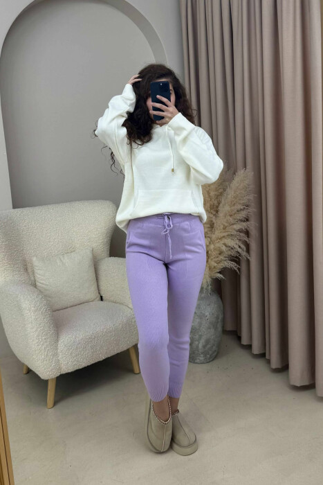 ONE COLOR LACINGS KNIT WOMEN TROUSERS LIGHT PURPLE/LEZB - 2