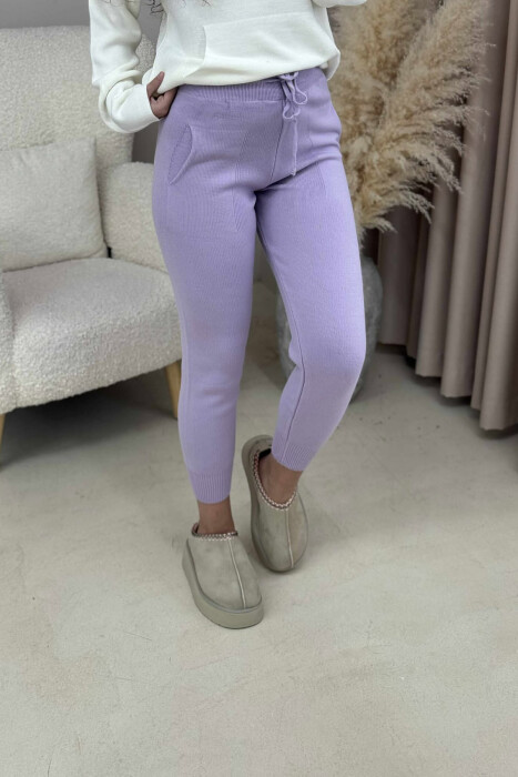 ONE COLOR LACINGS KNIT WOMEN TROUSERS LIGHT PURPLE/LEZB - 3