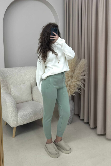 ONE COLOR LACINGS KNIT WOMEN TROUSERS MINT/MENTE 