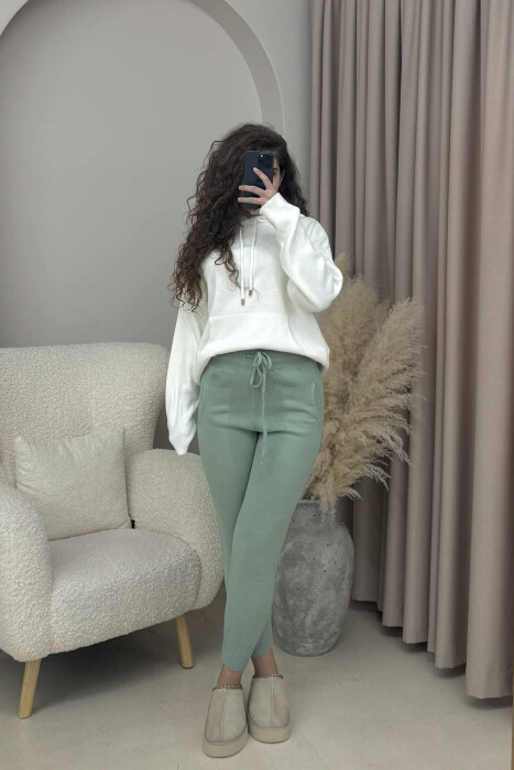ONE COLOR LACINGS KNIT WOMEN TROUSERS MINT/MENTE - 2