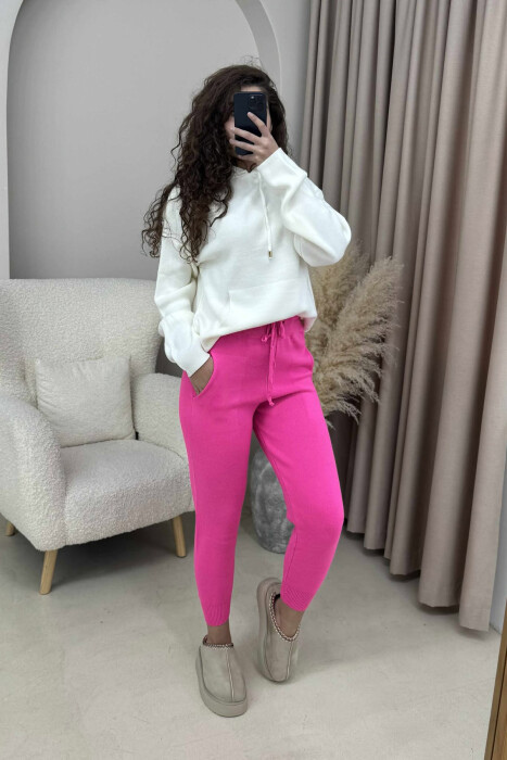 ONE COLOR LACINGS KNIT WOMEN TROUSERS PINK/ROZE - KLAUDIO FASHION