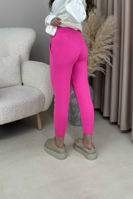 ONE COLOR LACINGS KNIT WOMEN TROUSERS PINK/ROZE - 4