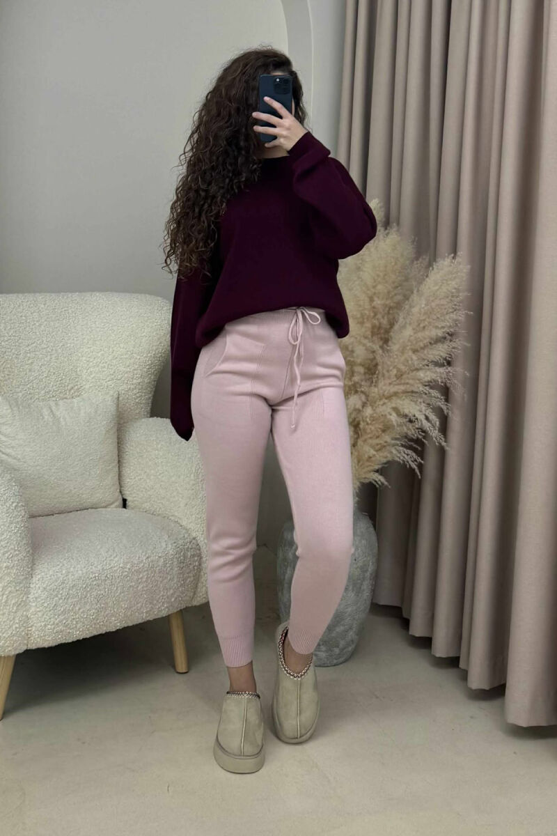 ONE COLOR LACINGS KNIT WOMEN TROUSERS POWDER/PUDER - 1