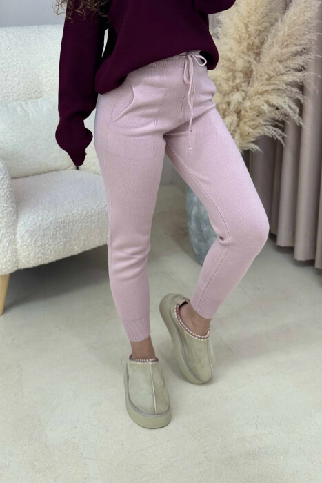 ONE COLOR LACINGS KNIT WOMEN TROUSERS POWDER/PUDER - 3