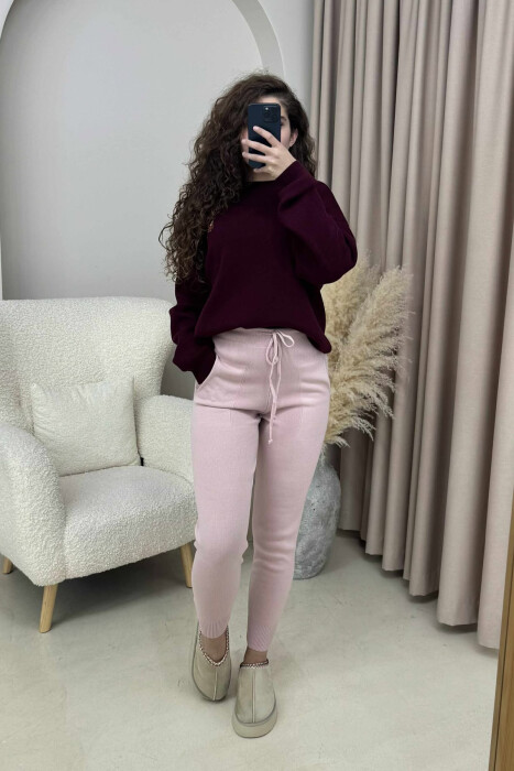 ONE COLOR LACINGS KNIT WOMEN TROUSERS POWDER/PUDER - 2