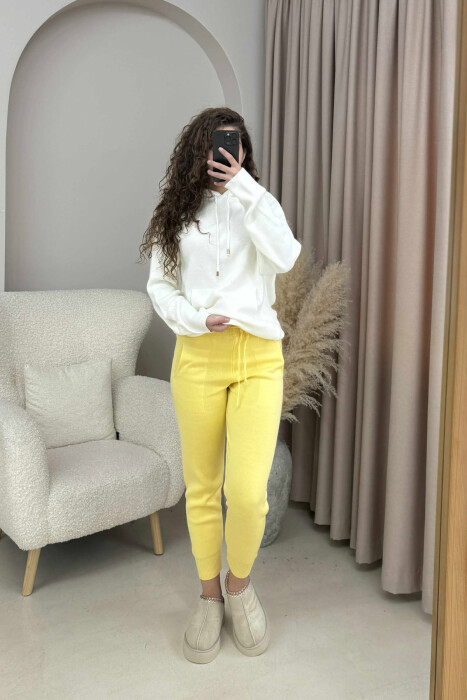 ONE COLOR LACINGS KNIT WOMEN TROUSERS YELLOW/E VERDHE - KLAUDIO FASHION