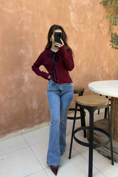 ONE COLOR LACINGS WOMEN CARDIGAN BURGUNDY/VISHNJE - 1