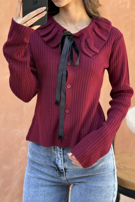 ONE COLOR LACINGS WOMEN CARDIGAN BURGUNDY/VISHNJE - 4