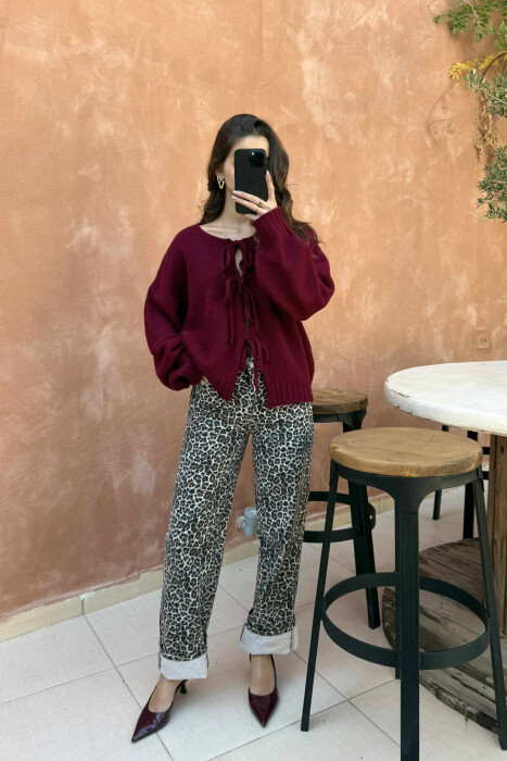 ONE COLOR LACINGS WOMEN CARDIGAN BURGUNDY/VISHNJE - KLAUDIO FASHION