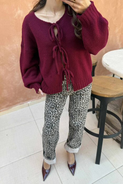 ONE COLOR LACINGS WOMEN CARDIGAN BURGUNDY/VISHNJE - 2