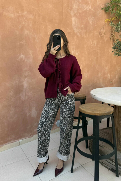 ONE COLOR LACINGS WOMEN CARDIGAN BURGUNDY/VISHNJE - 5