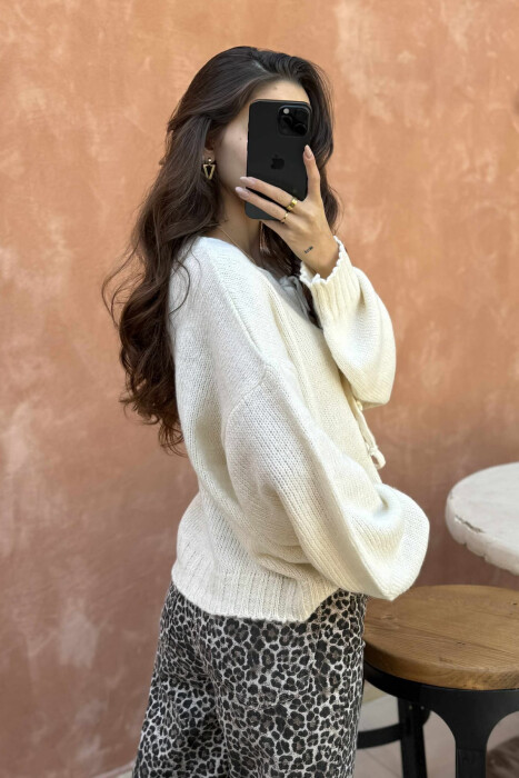 ONE COLOR LACINGS WOMEN CARDIGAN CREAM/KREM - 3