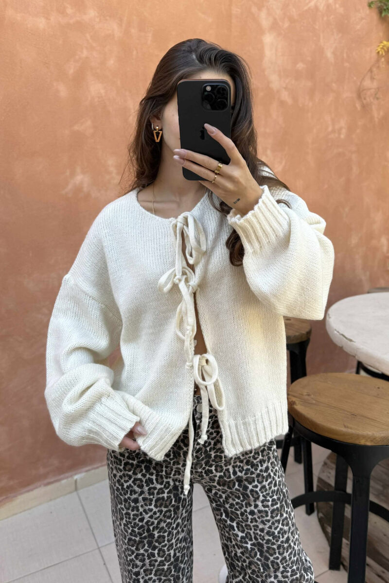 ONE COLOR LACINGS WOMEN CARDIGAN CREAM/KREM - 4