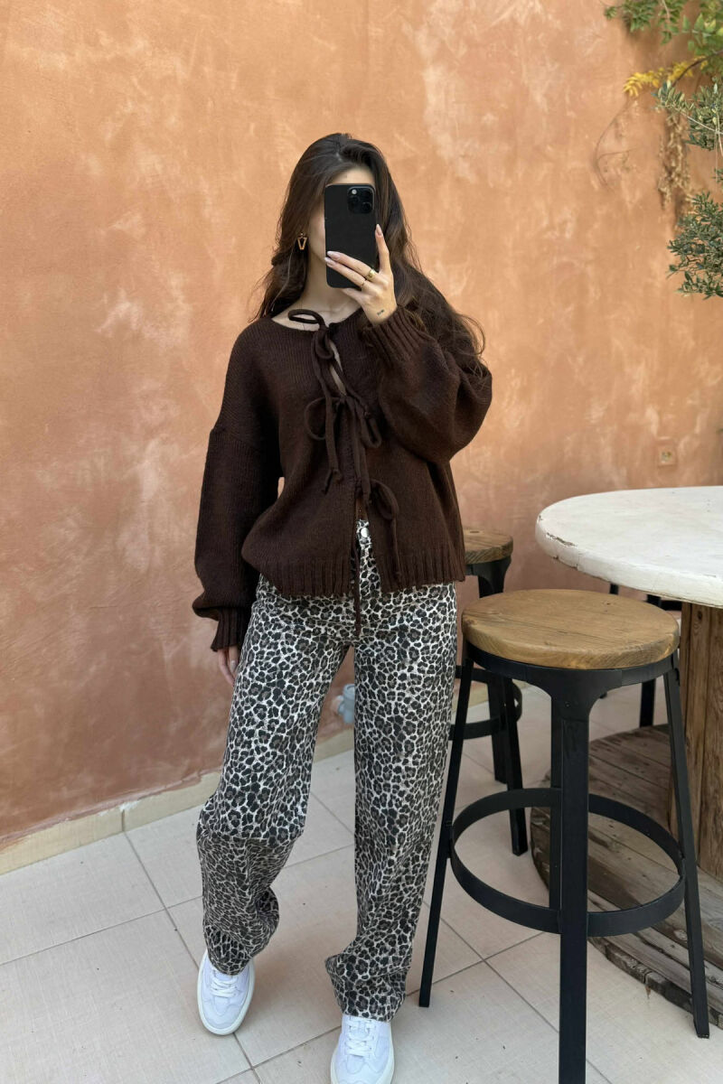 ONE COLOR LACINGS WOMEN CARDIGAN DARK BROWN/KAE - 1