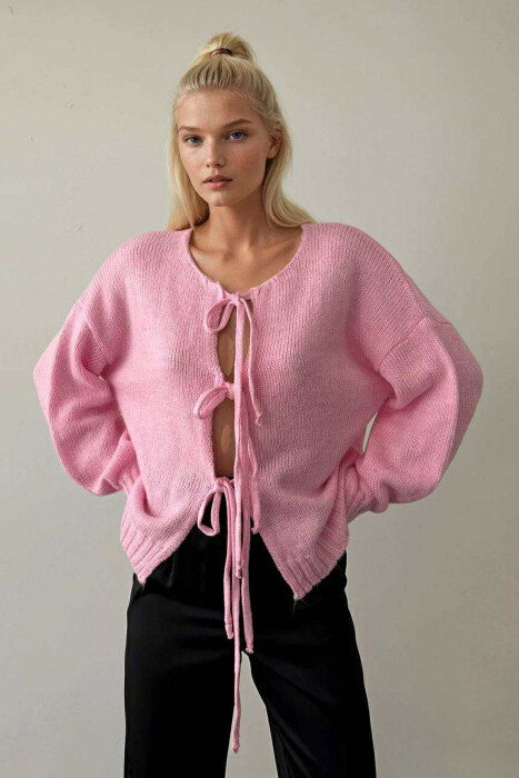 ONE COLOR LACINGS WOMEN CARDIGAN PINK/ROZE - KLAUDIO FASHION