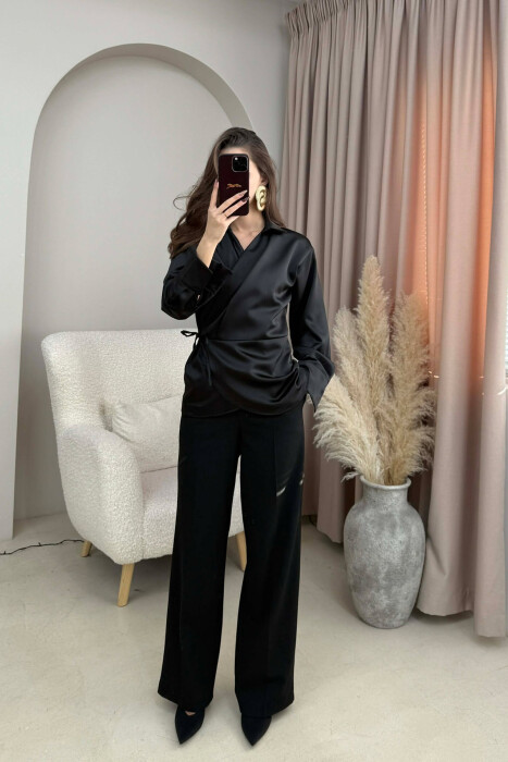 KËMISHË NJË NGJYRËSHE ME LIDHËSE PËR FEMRA NË NGJYRË TË ZEZË - KLAUDIO FASHION