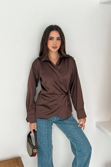 ONE COLOR LACINGS WOMEN SHIRT BROWN/KAFE - KLAUDIO FASHION