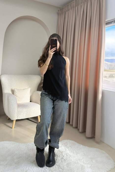 ONE COLOR LACY BOTTOM DESIGN WOMEN TANK TOP BLACK/ E ZEZE - 1