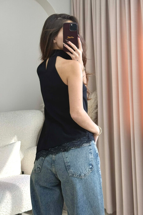 ONE COLOR LACY BOTTOM DESIGN WOMEN TANK TOP BLACK/ E ZEZE - 3