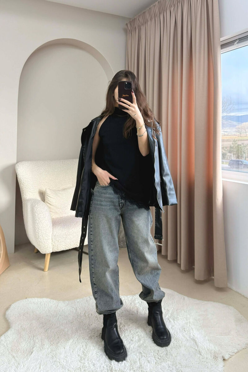 ONE COLOR LACY BOTTOM DESIGN WOMEN TANK TOP BLACK/ E ZEZE - 4