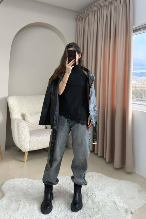 ONE COLOR LACY BOTTOM DESIGN WOMEN TANK TOP BLACK/ E ZEZE - 5