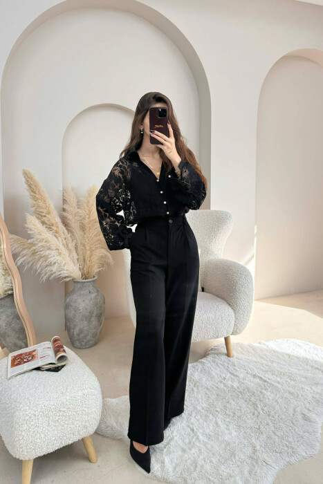 ONE COLOR LACY DESIGN WOMEN SHIRT BLACK/ E ZEZE - 3