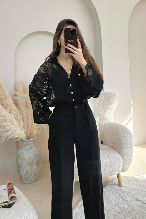 ONE COLOR LACY DESIGN WOMEN SHIRT BLACK/ E ZEZE - 4