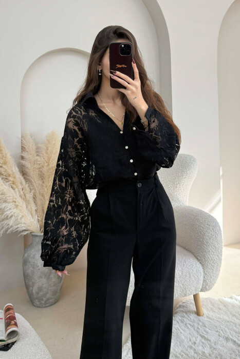 ONE COLOR LACY DESIGN WOMEN SHIRT BLACK/ E ZEZE - 5