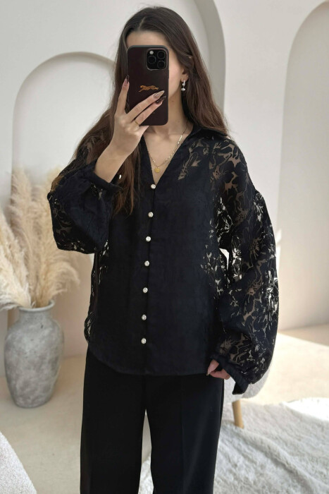 ONE COLOR LACY DESIGN WOMEN SHIRT BLACK/ E ZEZE - KLAUDIO FASHION