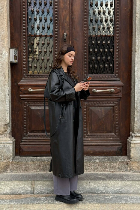 ONE COLOR LEATHER BUTTONED BELT DETAIL LONG WOMAN COAT BLACK/ E ZEZE - 3