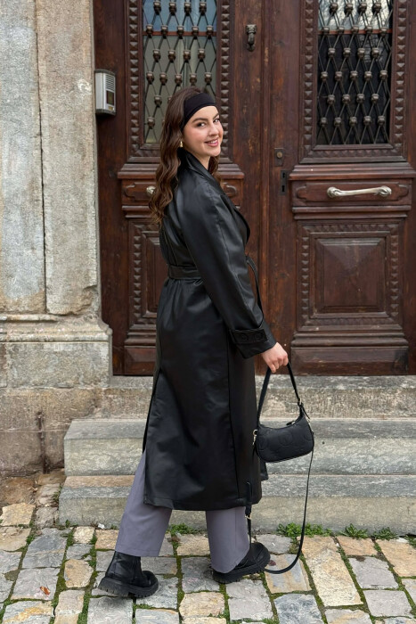 ONE COLOR LEATHER BUTTONED BELT DETAIL LONG WOMAN COAT BLACK/ E ZEZE - 4