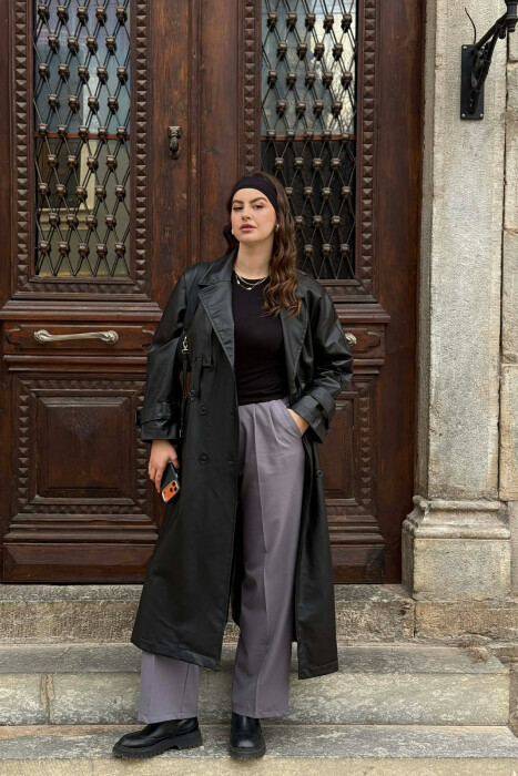 ONE COLOR LEATHER BUTTONED BELT DETAIL LONG WOMAN COAT BLACK/ E ZEZE - 5