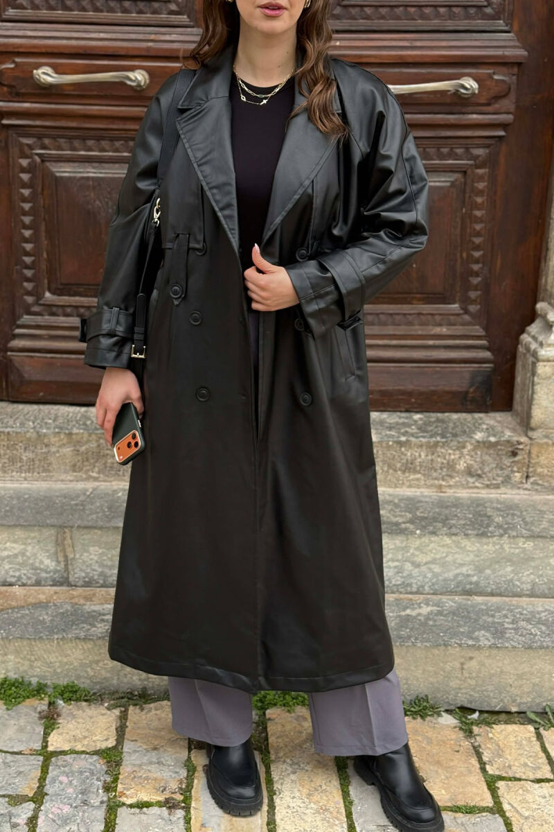 ONE COLOR LEATHER BUTTONED BELT DETAIL LONG WOMAN COAT BLACK/ E ZEZE - 6