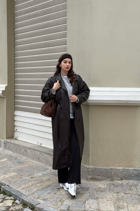 ONE COLOR LEATHER BUTTONED BELT DETAIL LONG WOMAN COAT BROWN/KAFE - 1