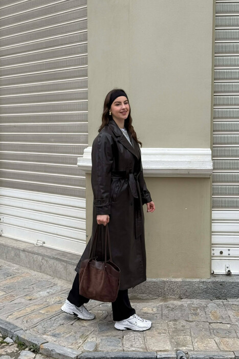 ONE COLOR LEATHER BUTTONED BELT DETAIL LONG WOMAN COAT BROWN/KAFE - 3