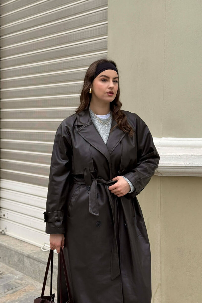 ONE COLOR LEATHER BUTTONED BELT DETAIL LONG WOMAN COAT BROWN/KAFE - 4