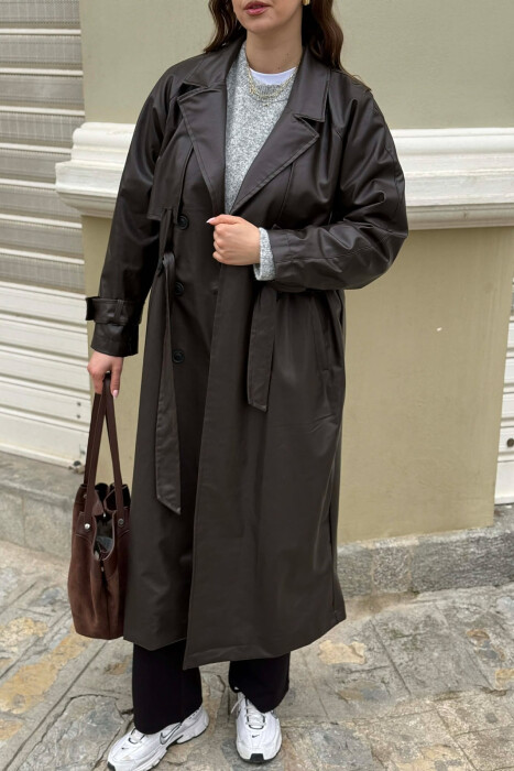 ONE COLOR LEATHER BUTTONED BELT DETAIL LONG WOMAN COAT BROWN/KAFE - 5