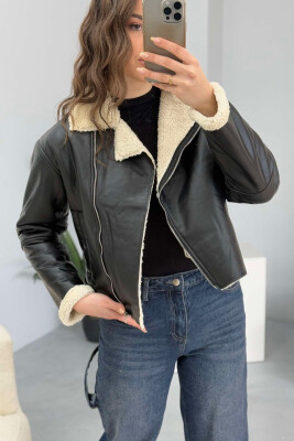 ONE COLOR LEATHER FLUFFY WOMEN JACKET BLACK-BEIGE/ZEBE 