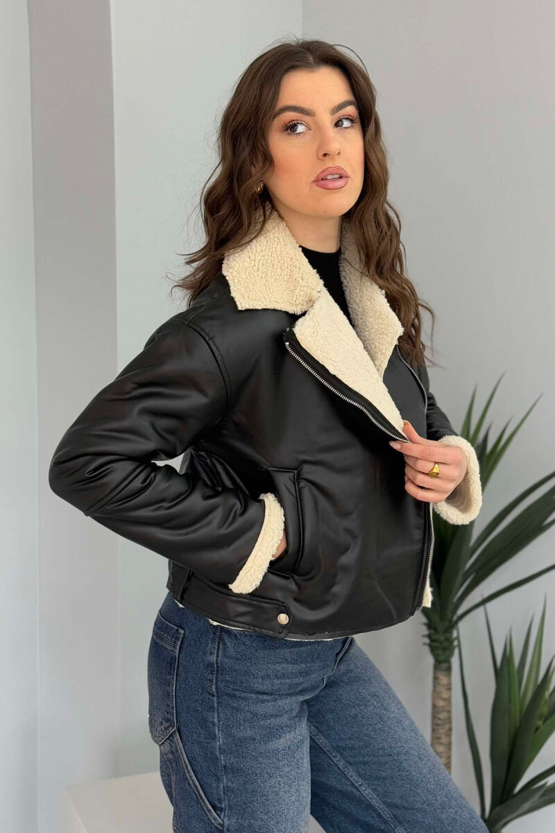 ONE COLOR LEATHER FLUFFY WOMEN JACKET BLACK-BEIGE/ZEBE - 4