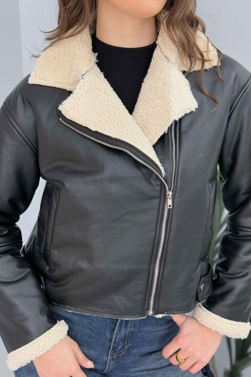 ONE COLOR LEATHER FLUFFY WOMEN JACKET BLACK-BEIGE/ZEBE - 5