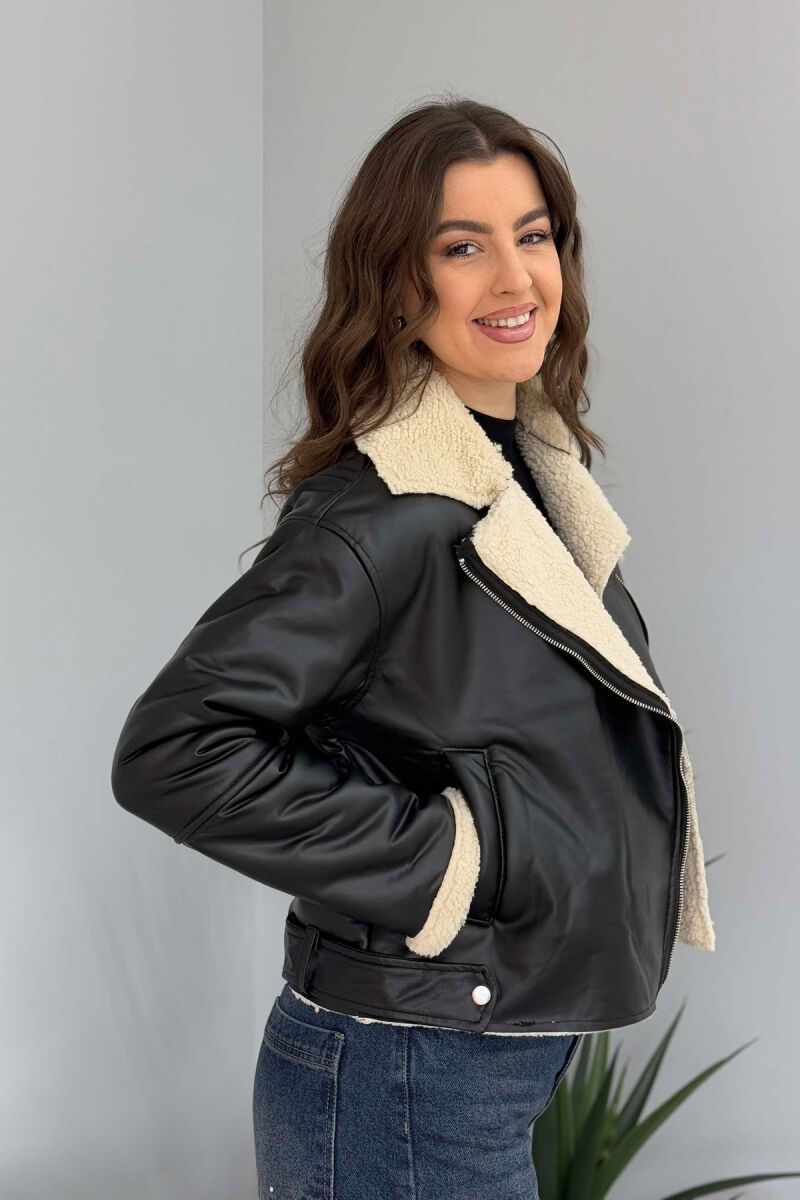 ONE COLOR LEATHER FLUFFY WOMEN JACKET BLACK-BEIGE/ZEBE - 7