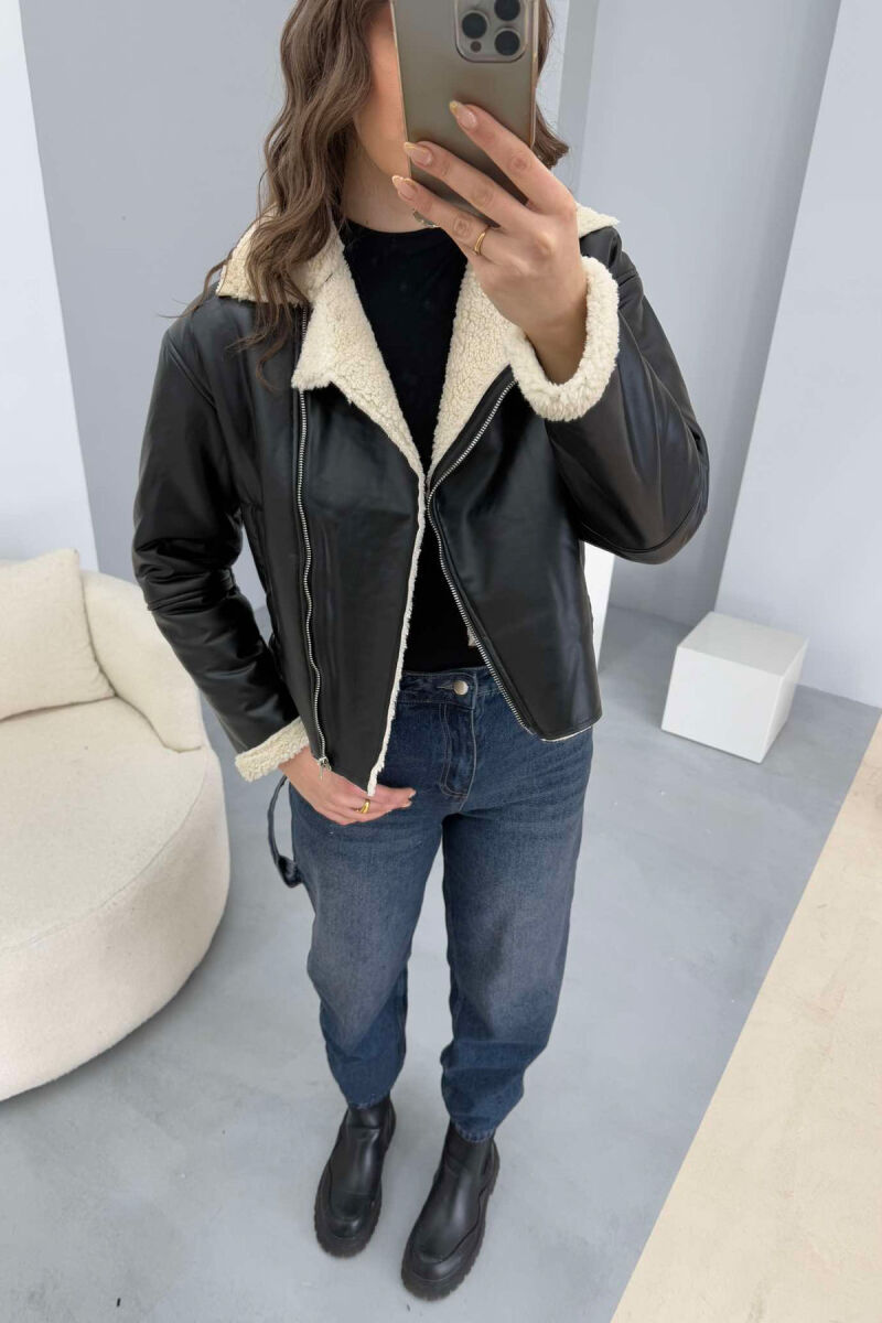 ONE COLOR LEATHER FLUFFY WOMEN JACKET BLACK-BEIGE/ZEBE - 8