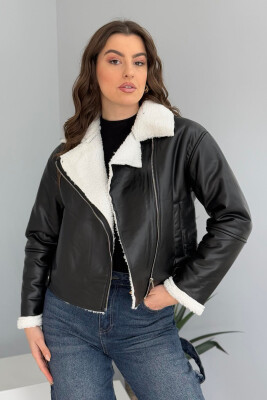 ONE COLOR LEATHER FLUFFY WOMEN JACKET BLACK-WHITE/ZB 