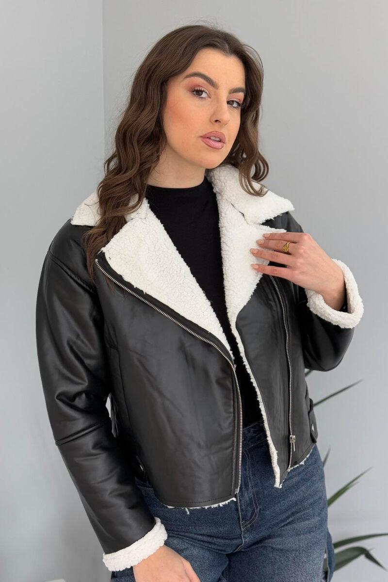 ONE COLOR LEATHER FLUFFY WOMEN JACKET BLACK-WHITE/ZB - 2