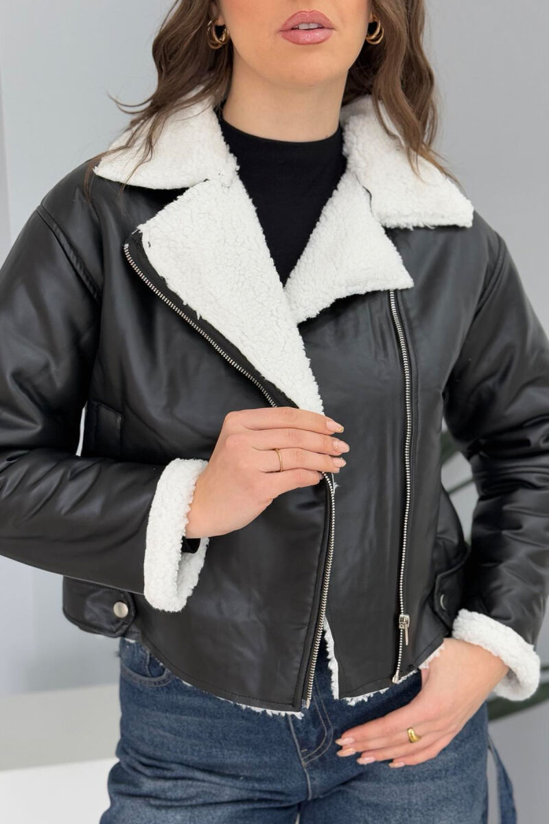 ONE COLOR LEATHER FLUFFY WOMEN JACKET BLACK-WHITE/ZB - 4