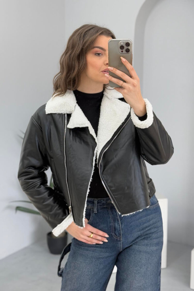 ONE COLOR LEATHER FLUFFY WOMEN JACKET BLACK-WHITE/ZB - 7