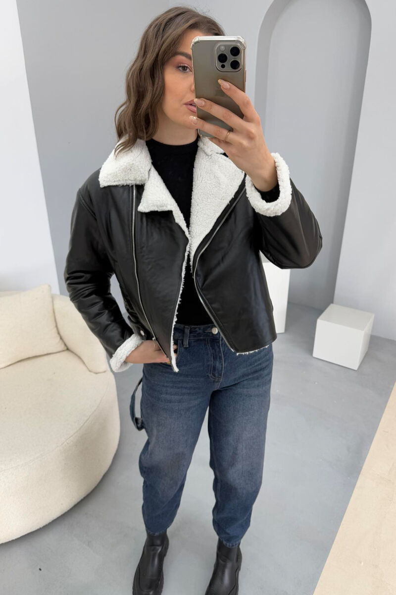 ONE COLOR LEATHER FLUFFY WOMEN JACKET BLACK-WHITE/ZB - 8