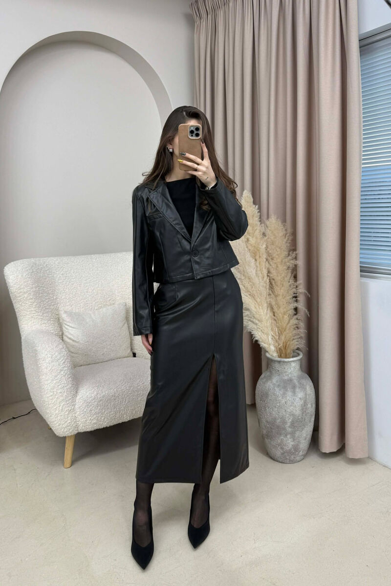 ONE COLOR LEATHER JACKET+SKIRT WOMEN SET BLACK/ E ZEZE - 1