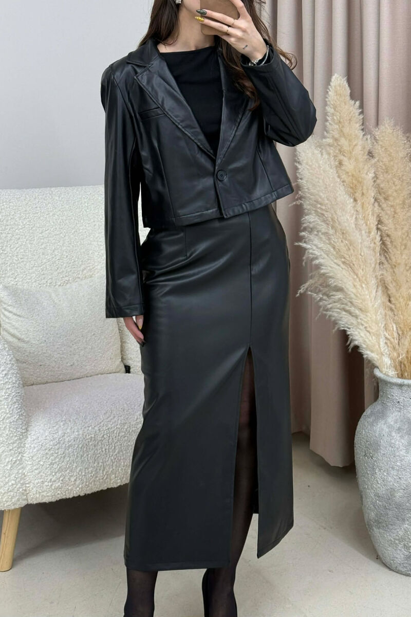 ONE COLOR LEATHER JACKET+SKIRT WOMEN SET BLACK/ E ZEZE - 3