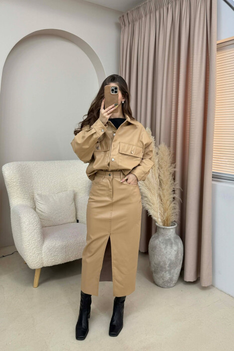 ONE COLOR LEATHER JACKET+ SKIRT WOMEN SET BEIGE/BEZHE - 1
